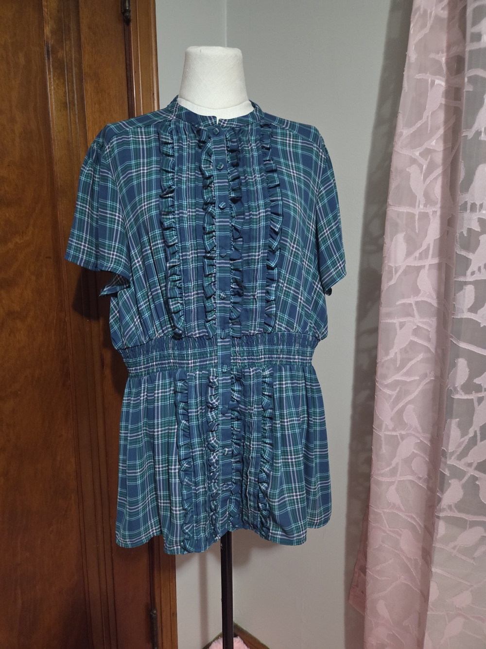 torrid Teal and Navy Plaid Ruffle-Front Blouse